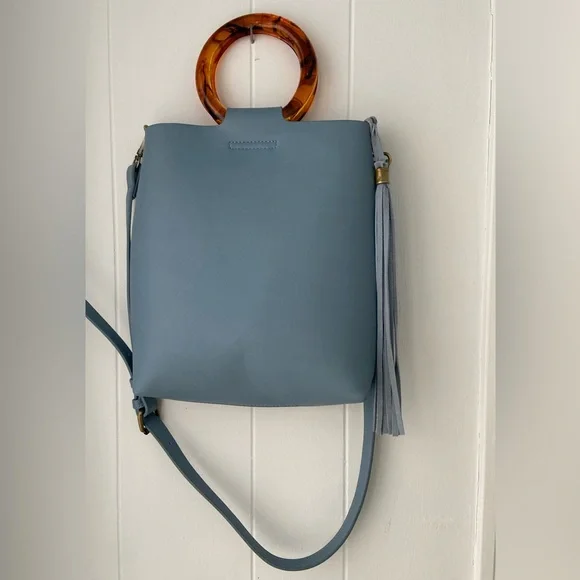 Anthropologie Blue Bag with Tortoise Handle & Fringe - Picture 3 of 11